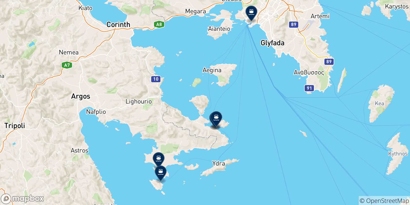 Mapa de las posibles rutas entre Hydra y  Grecia