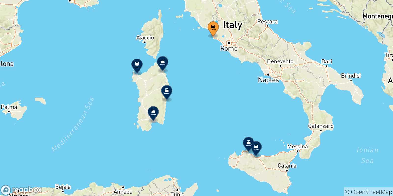 Mapa de las posibles rutas entre Civitavecchia y  Italia