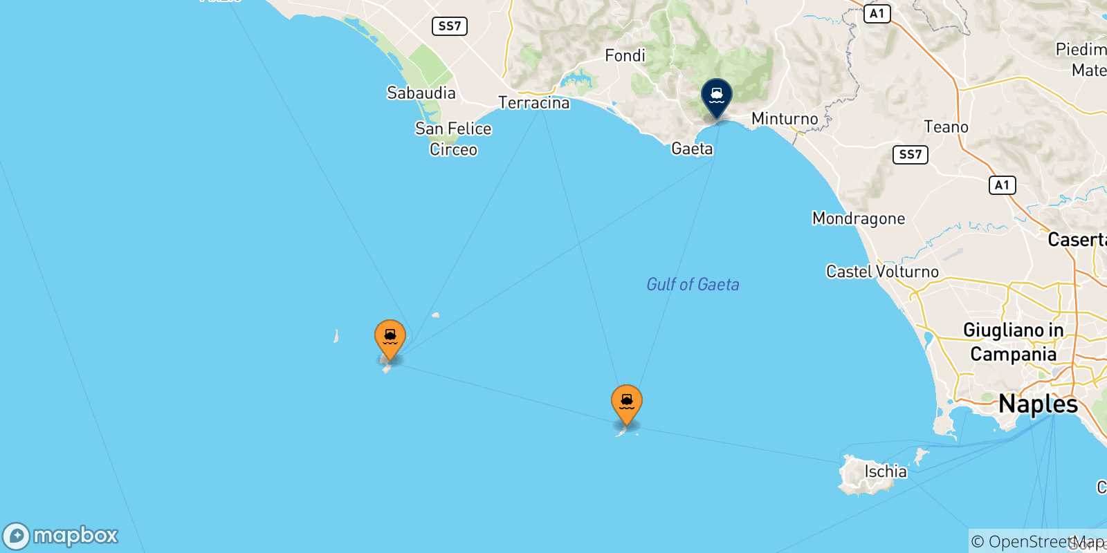 Mapa de las posibles rutas entre Islas Pontinas y  Formia
