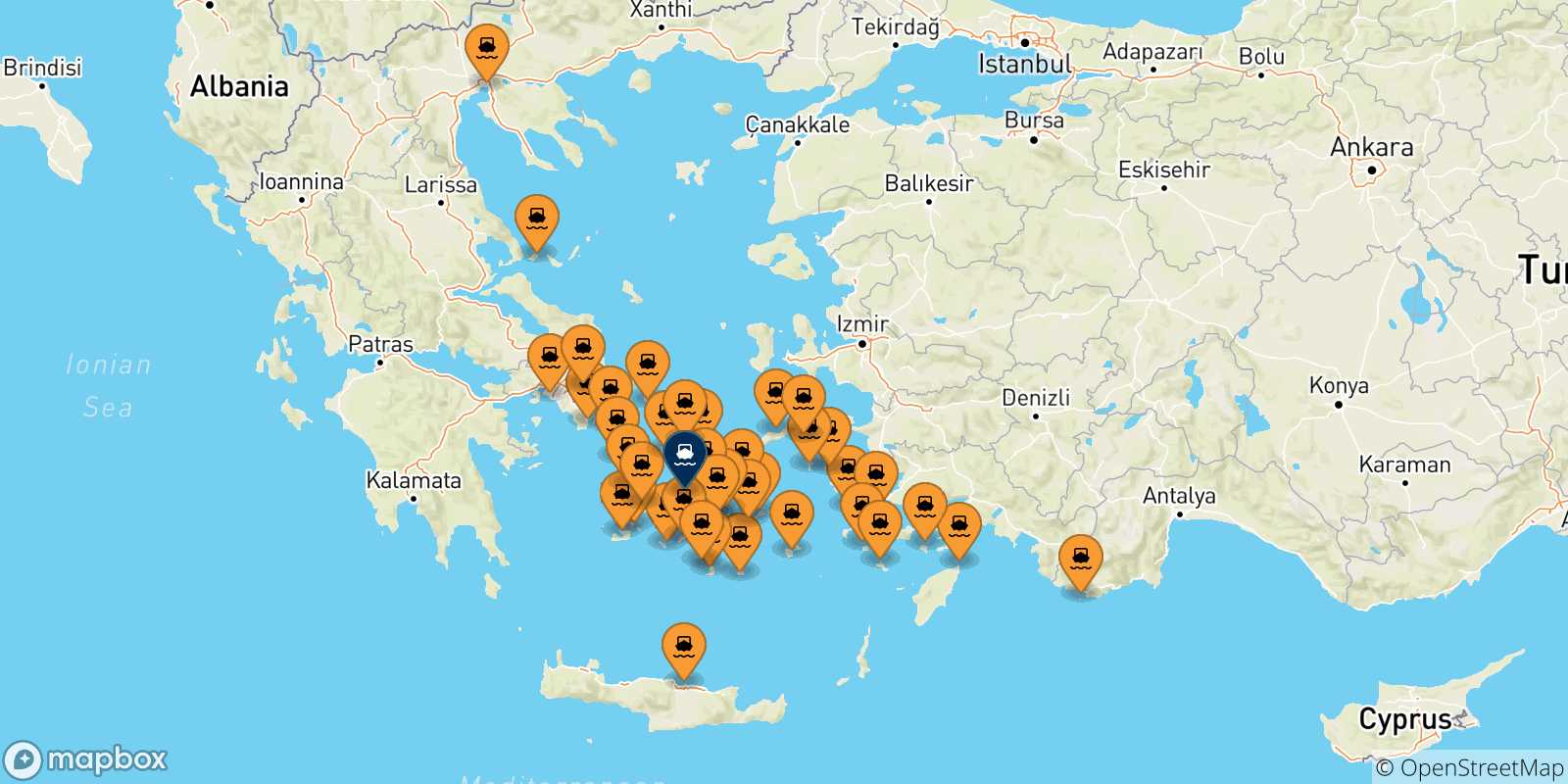 Mapa de las posibles rutas entre Grecia y  Paros