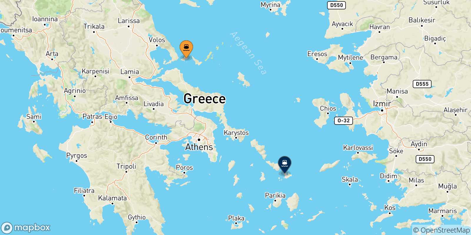 Mapa de las posibles rutas entre Islas Espóradas y  Mykonos