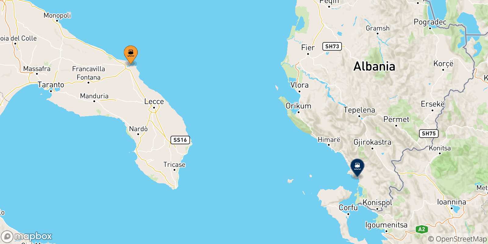 Mapa de las posibles rutas entre Italia y  Saranda