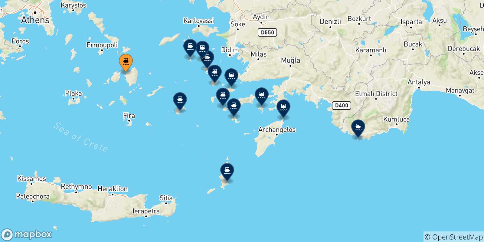 Mapa de las posibles rutas entre Naxos y  Dodecaneso