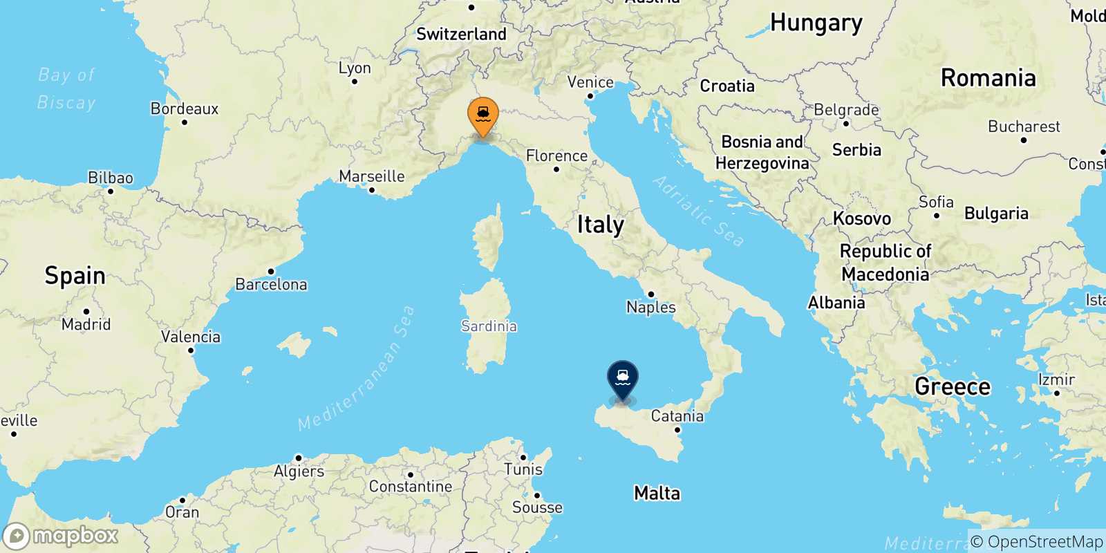 Mapa de las posibles rutas entre Genova y  Sicilia
