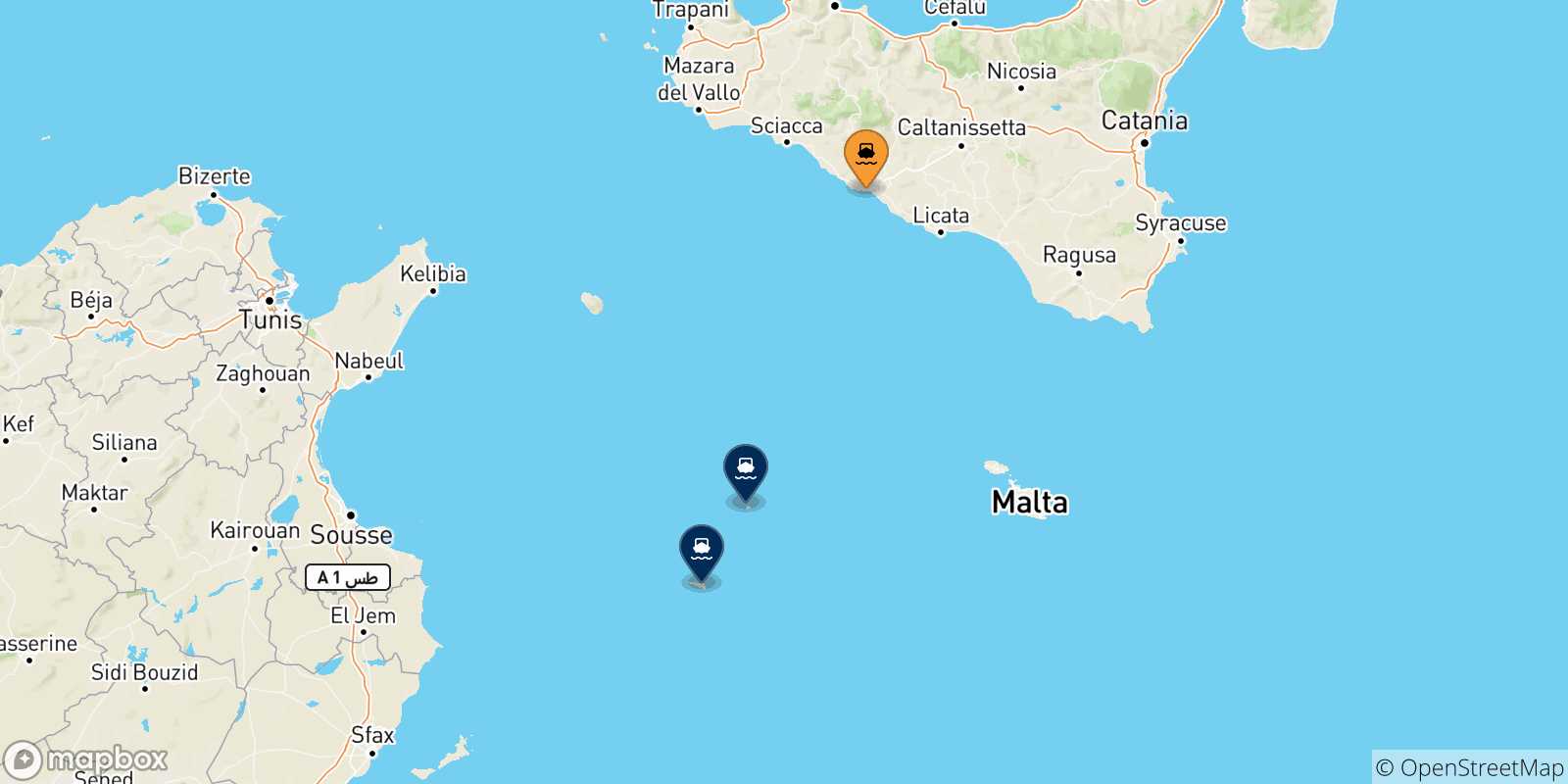 Mapa de las posibles rutas entre Porto Empedocle y  Italia