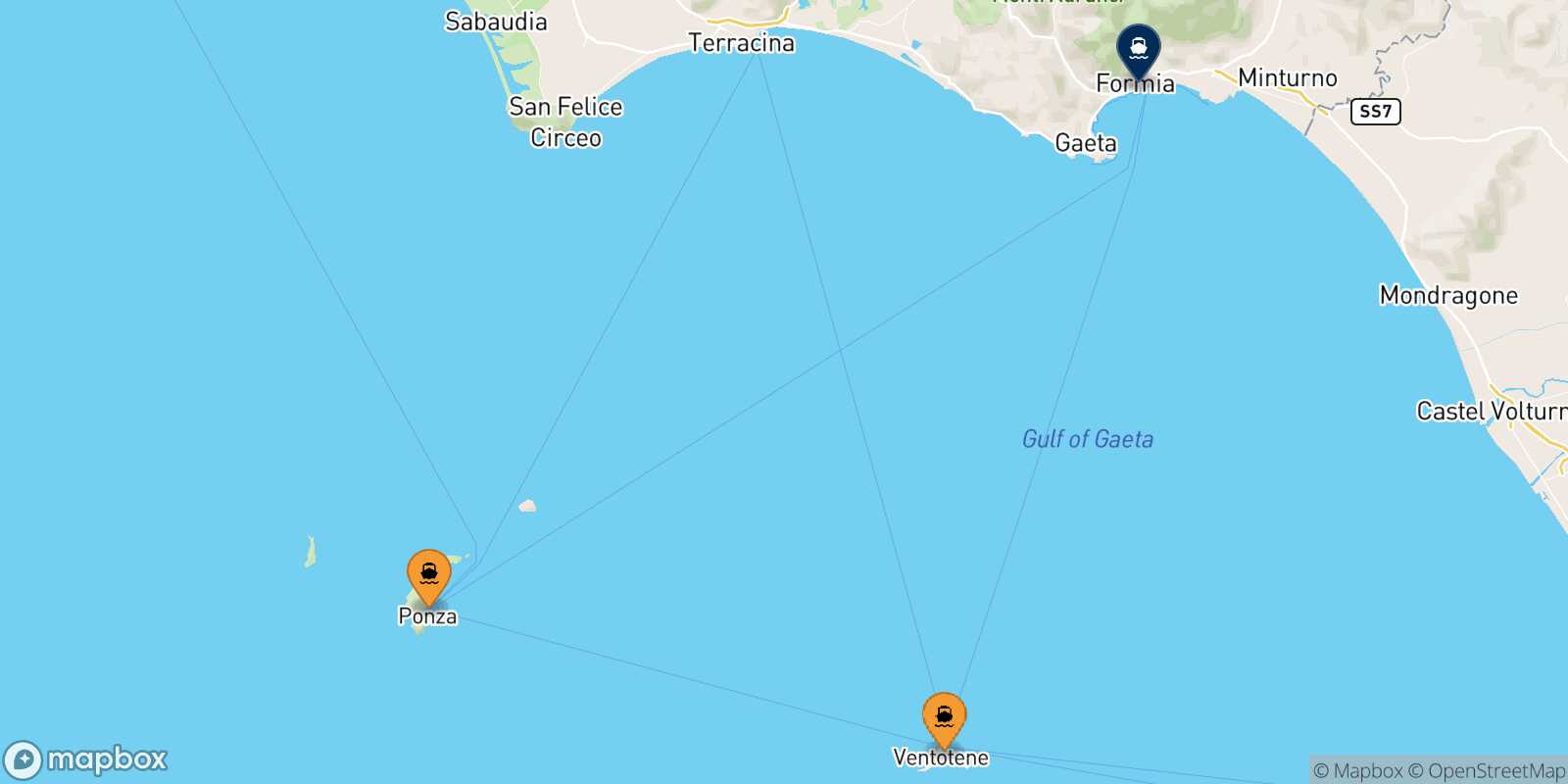 Mapa de los puertos conectados con  Formia