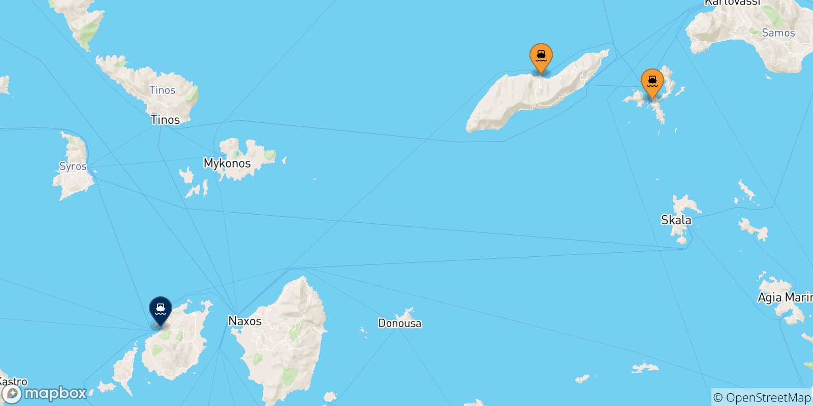 Mapa de las posibles rutas entre Islas Del Egeo y  Paros