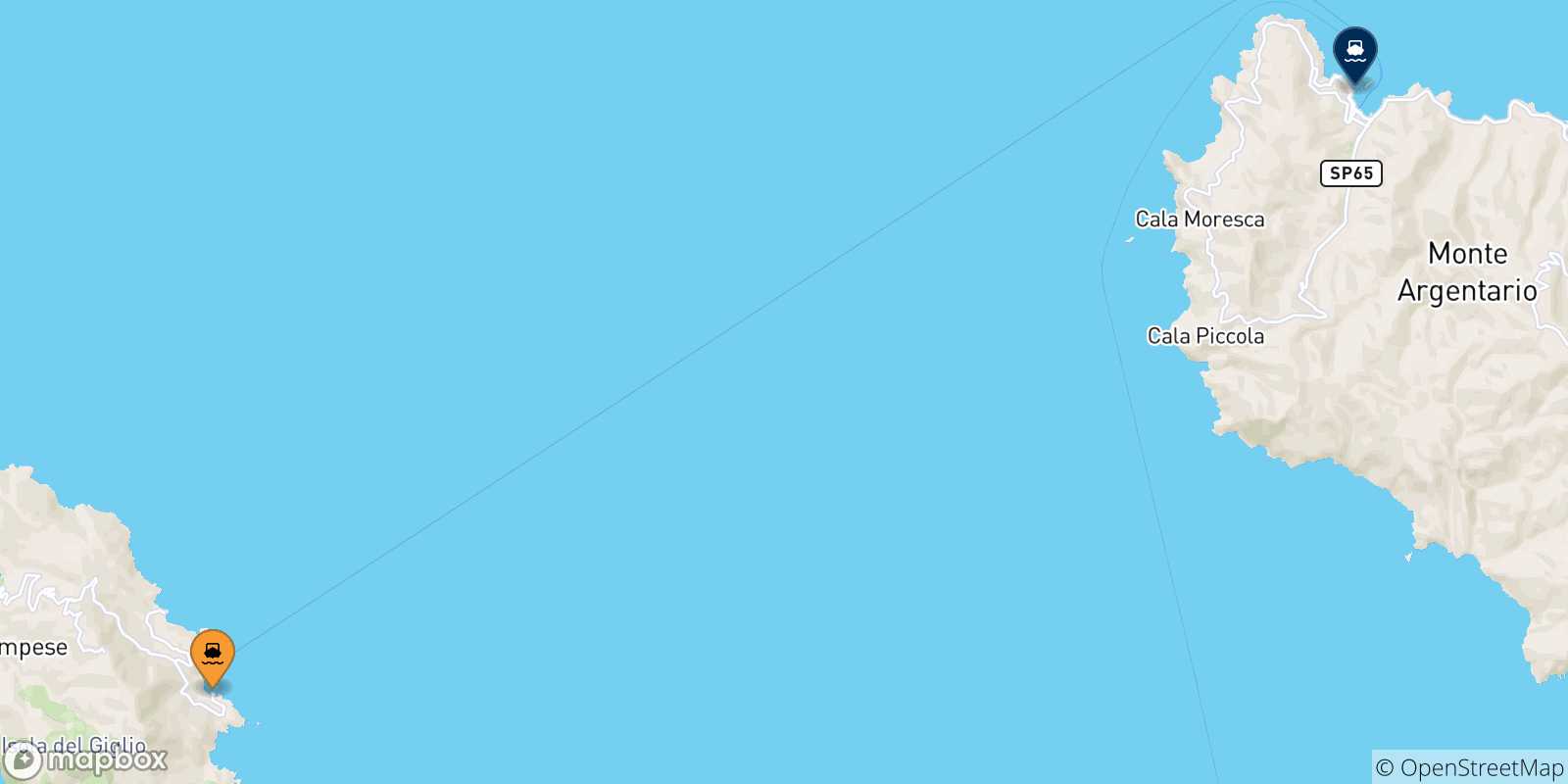 Mapa de las posibles rutas entre Isla Del Giglio y  Italia