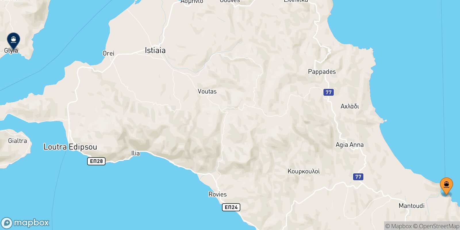 Mapa de la ruta Mantoudi (Evia) Glyfa