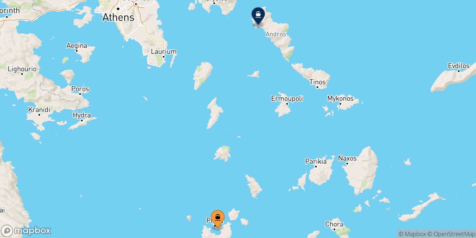 Mapa de la ruta Milos Andros