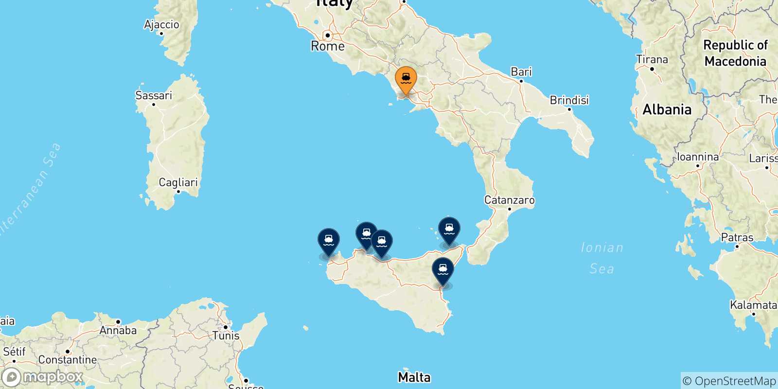 Mapa de las posibles rutas entre Nápoles y  Sicilia