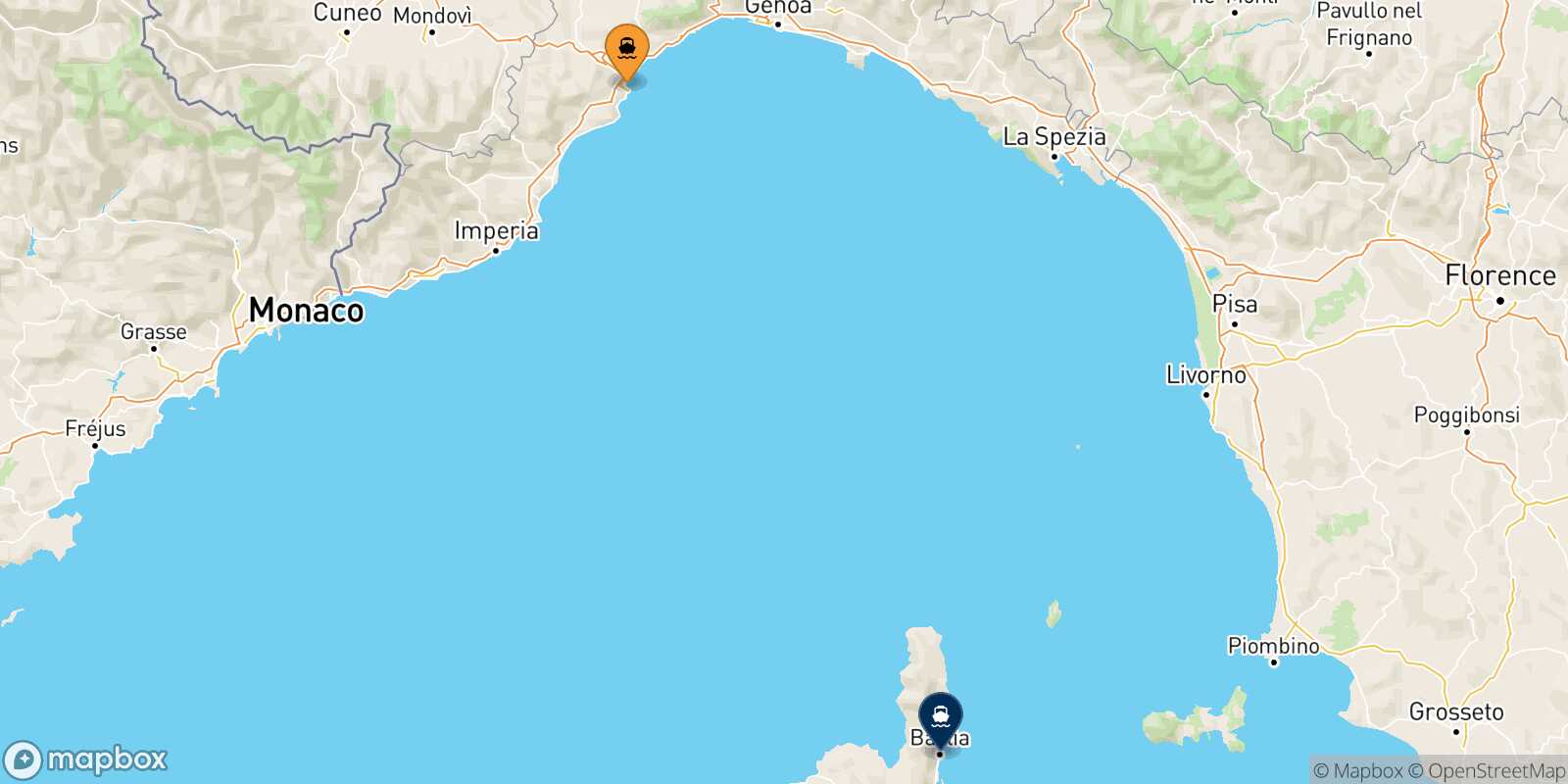Mapa de la ruta Savona Bastia