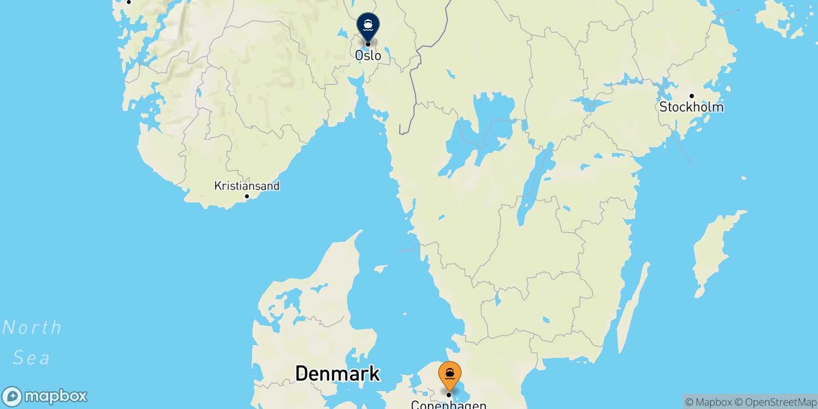 Mapa de la ruta Copenhague Oslo