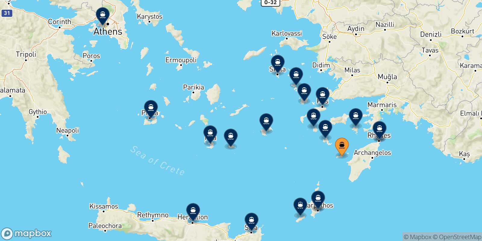Mapa de los destinos alcanzables de Chalki