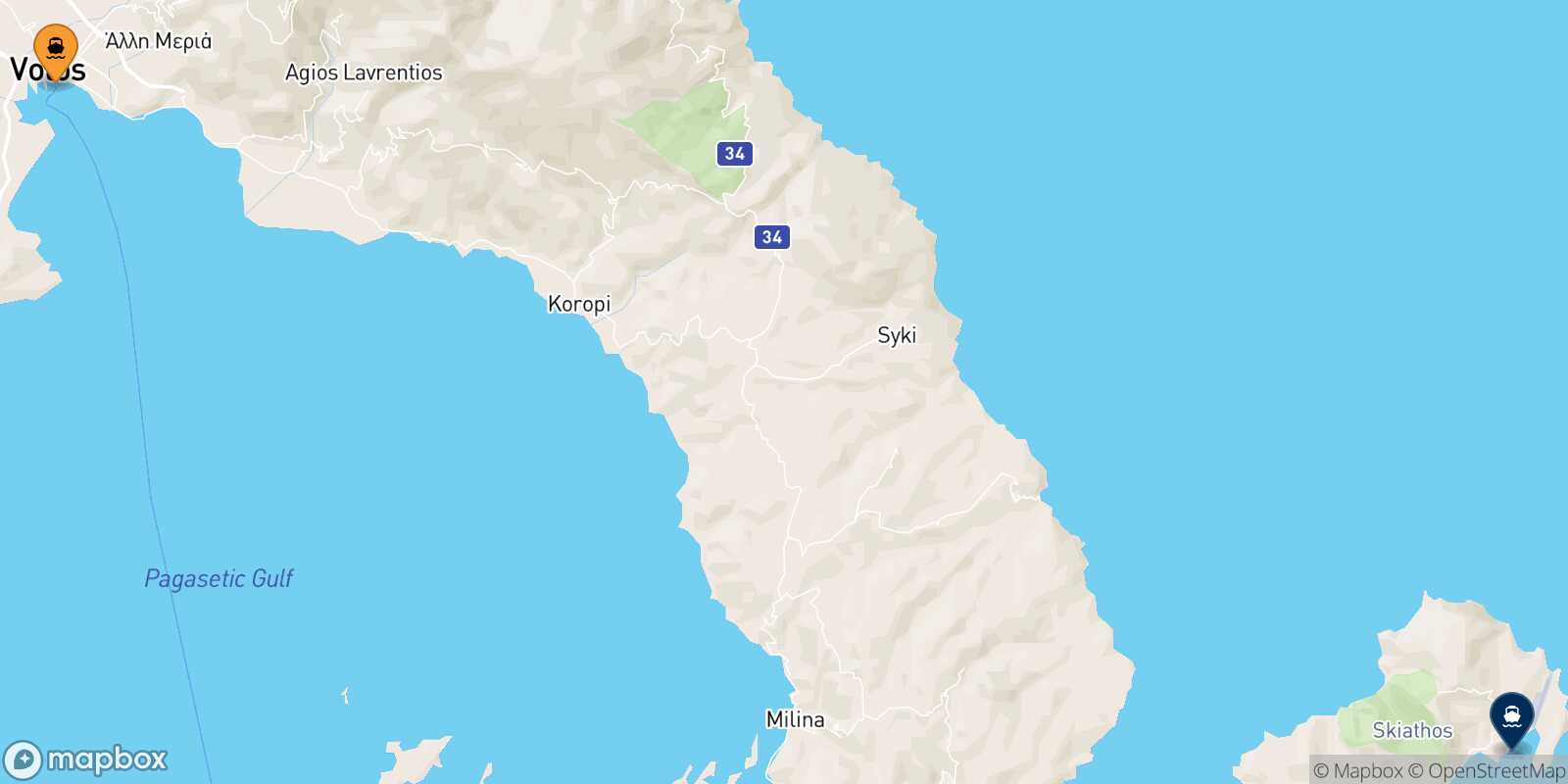 Mapa de la ruta Volos Skiathos