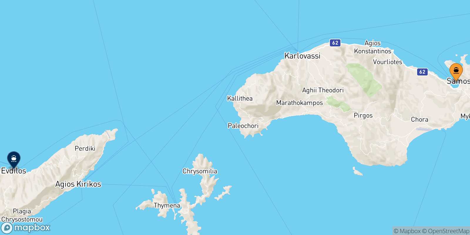 Mapa de la ruta Vathi (Samos) Evdilos (Ikaria)