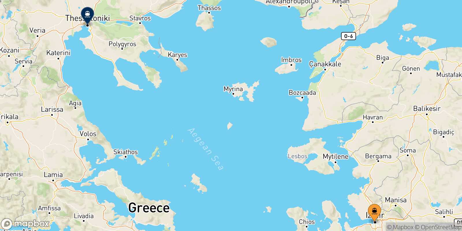 Mapa de la ruta Izmir Salónica