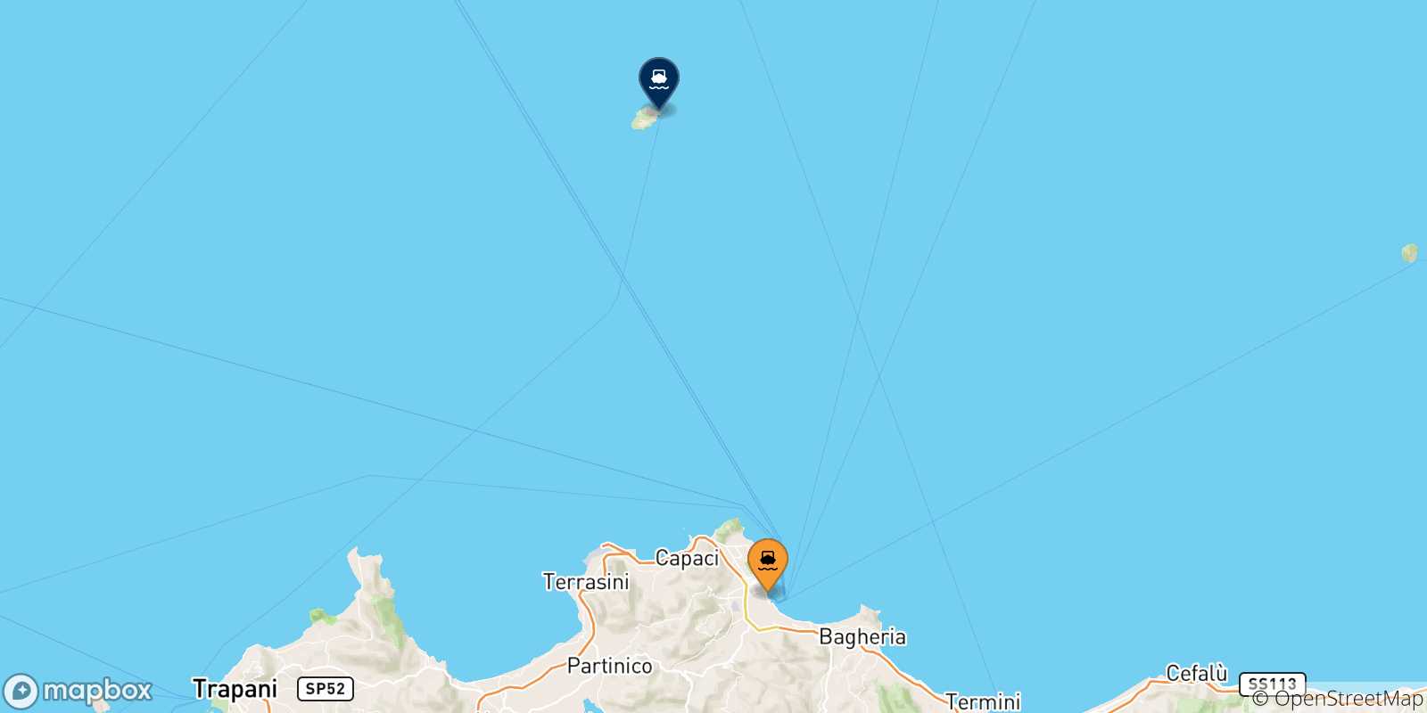 Mapa de las posibles rutas entre Palermo y  La Isla De Ustica