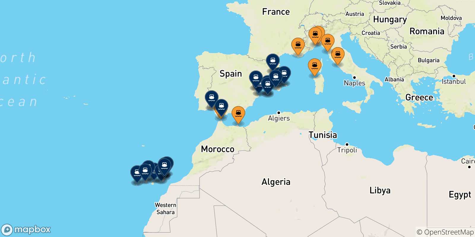 Mapa de los puertos conectados con  España