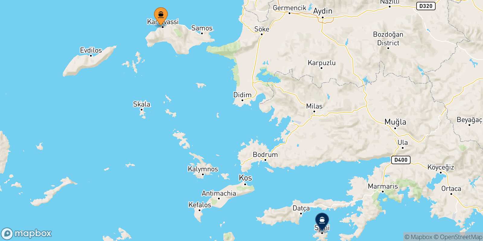 Mapa de la ruta Pythagorio (Samos) Symi