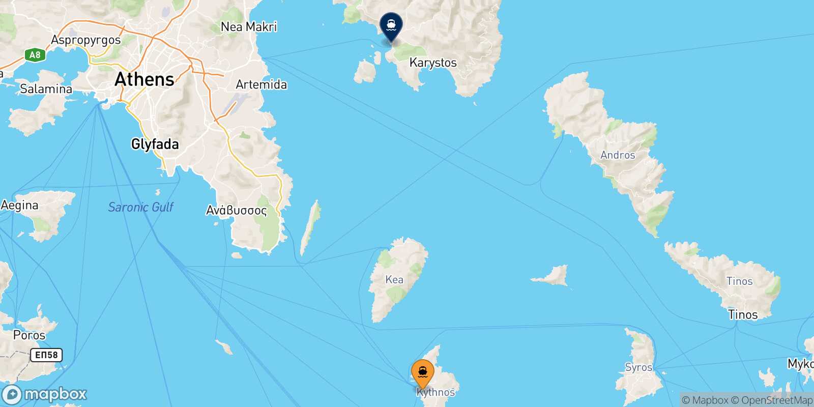 Mapa de la ruta Kythnos Karystos