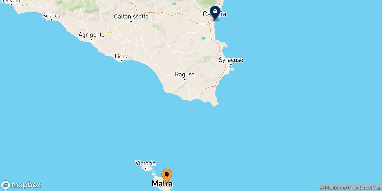 Mapa de los puertos conectados con  Catania