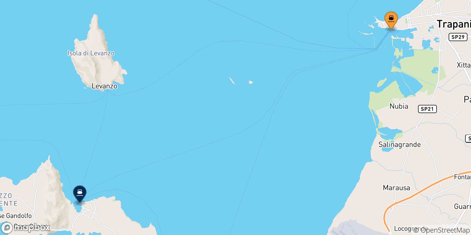 Mapa de las posibles rutas entre Sicilia y  Favignana