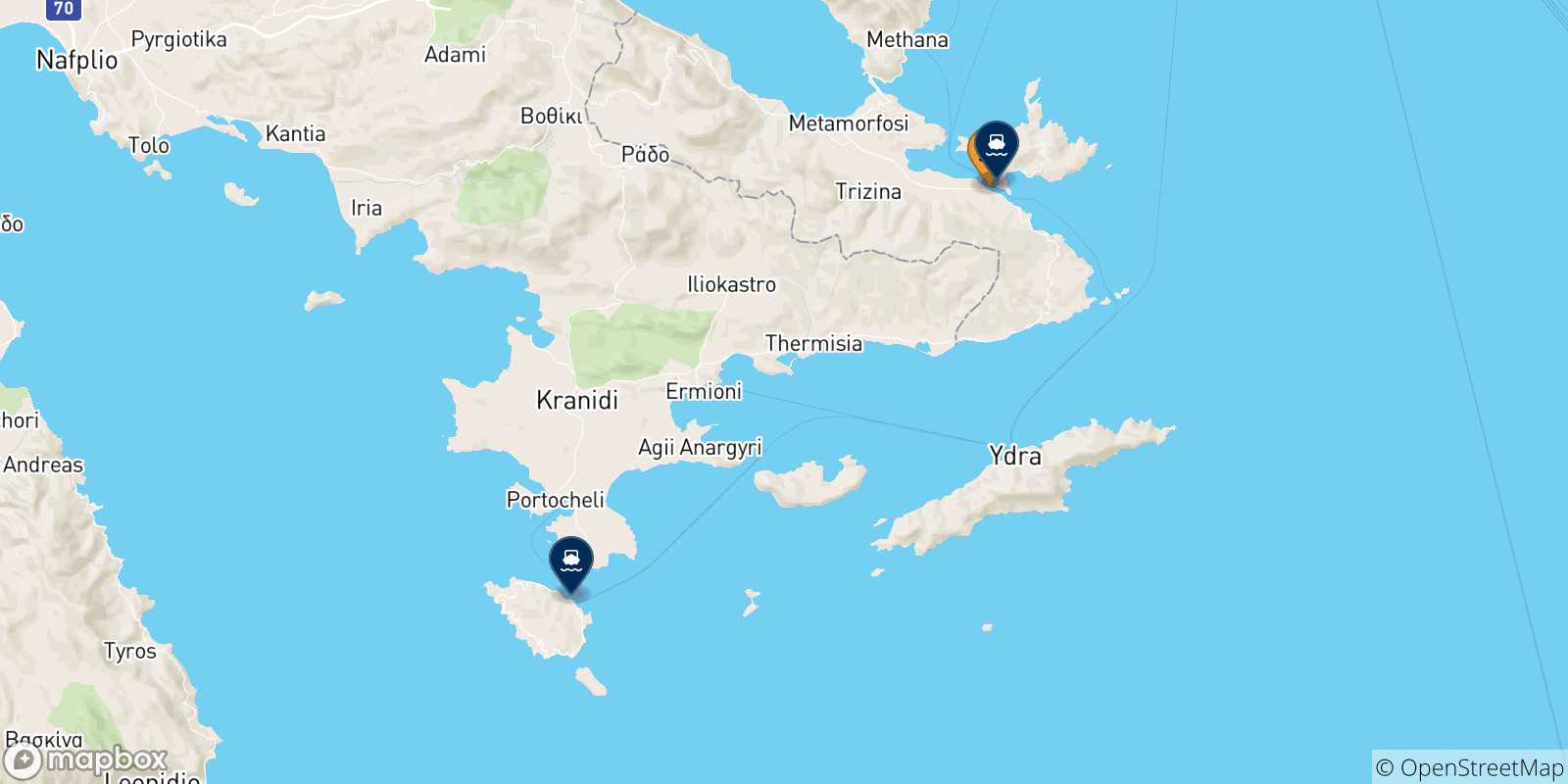 Mapa de las posibles rutas entre Hydra y  Islas Sarónicas