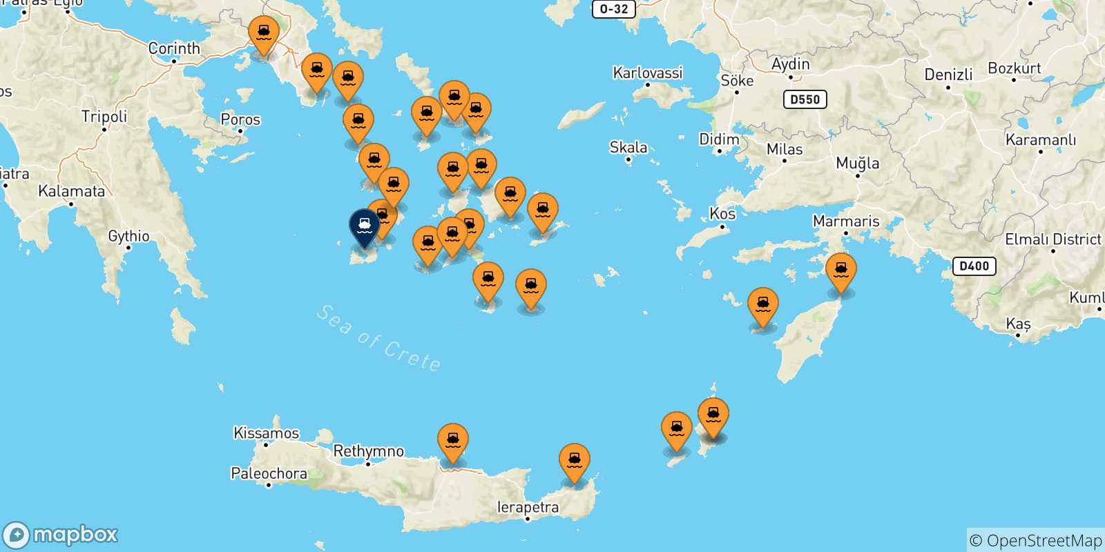 Mapa de las posibles rutas entre Grecia y  Milos