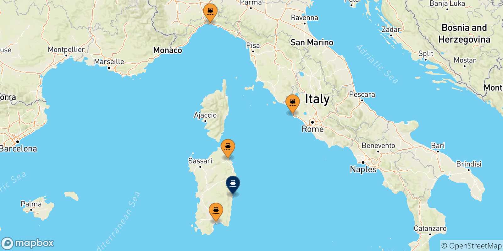 Mapa de las posibles rutas entre Italia y  Arbatax