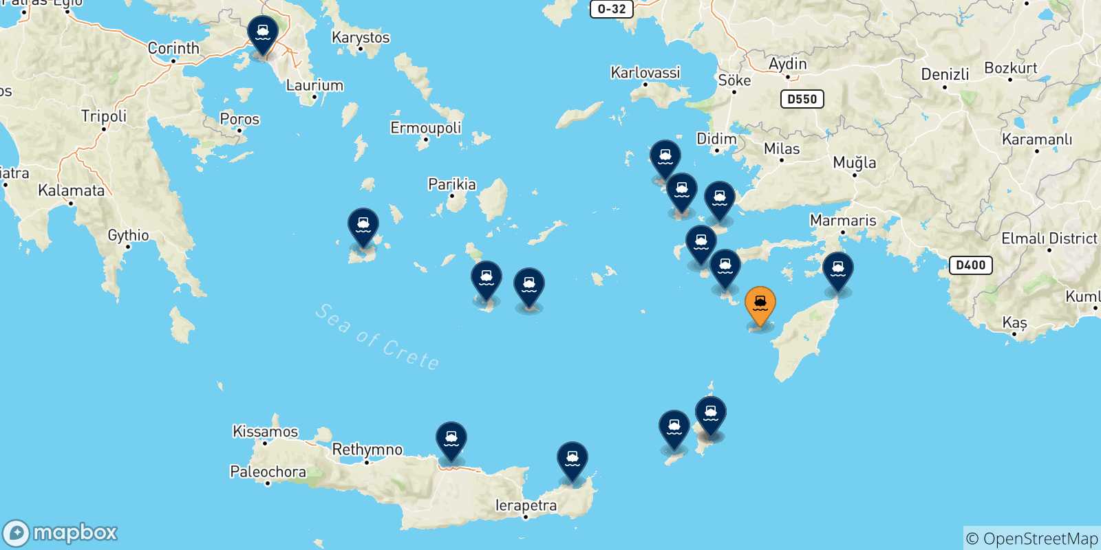 Mapa de las posibles rutas entre Chalki y  Grecia