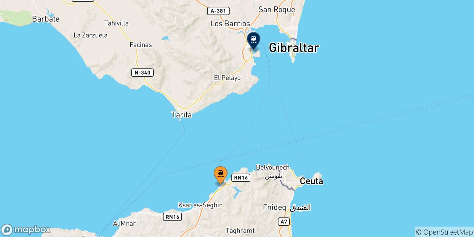 Mapa de las posibles rutas entre Marruecos y  Algeciras