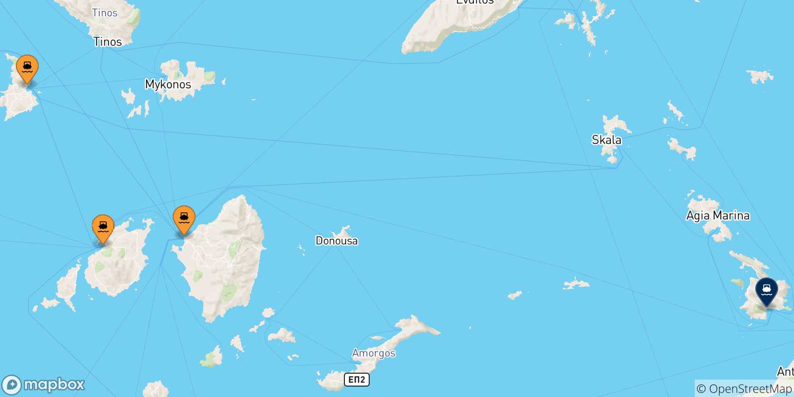 Mapa de las posibles rutas entre Las Cicladas y  Kalymnos