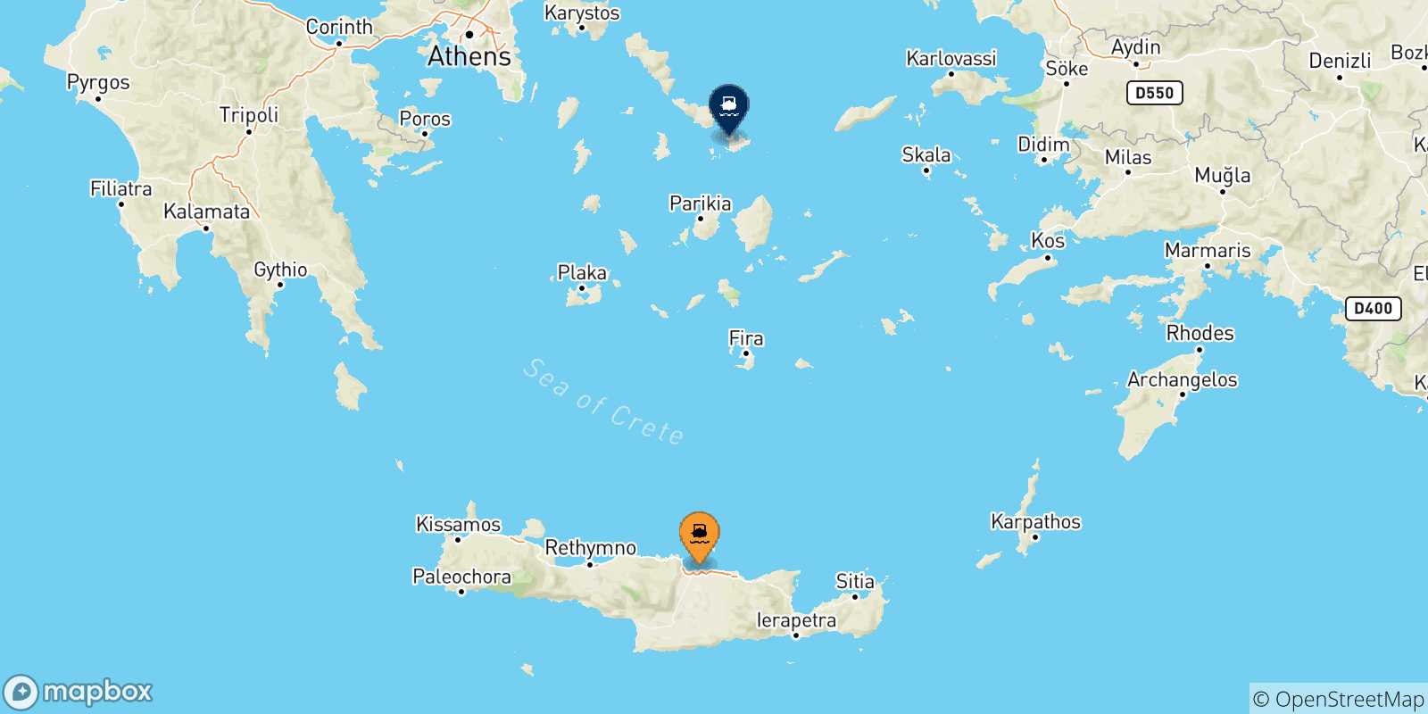 Mapa de las posibles rutas entre Creta y  Mykonos