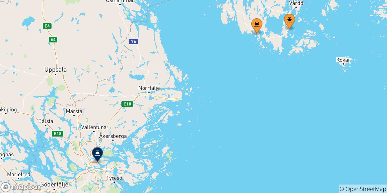 Mapa de las posibles rutas entre Islas Aland y  Estocolmo