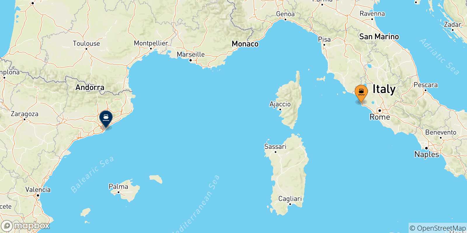 Mapa de las posibles rutas entre Civitavecchia y  España
