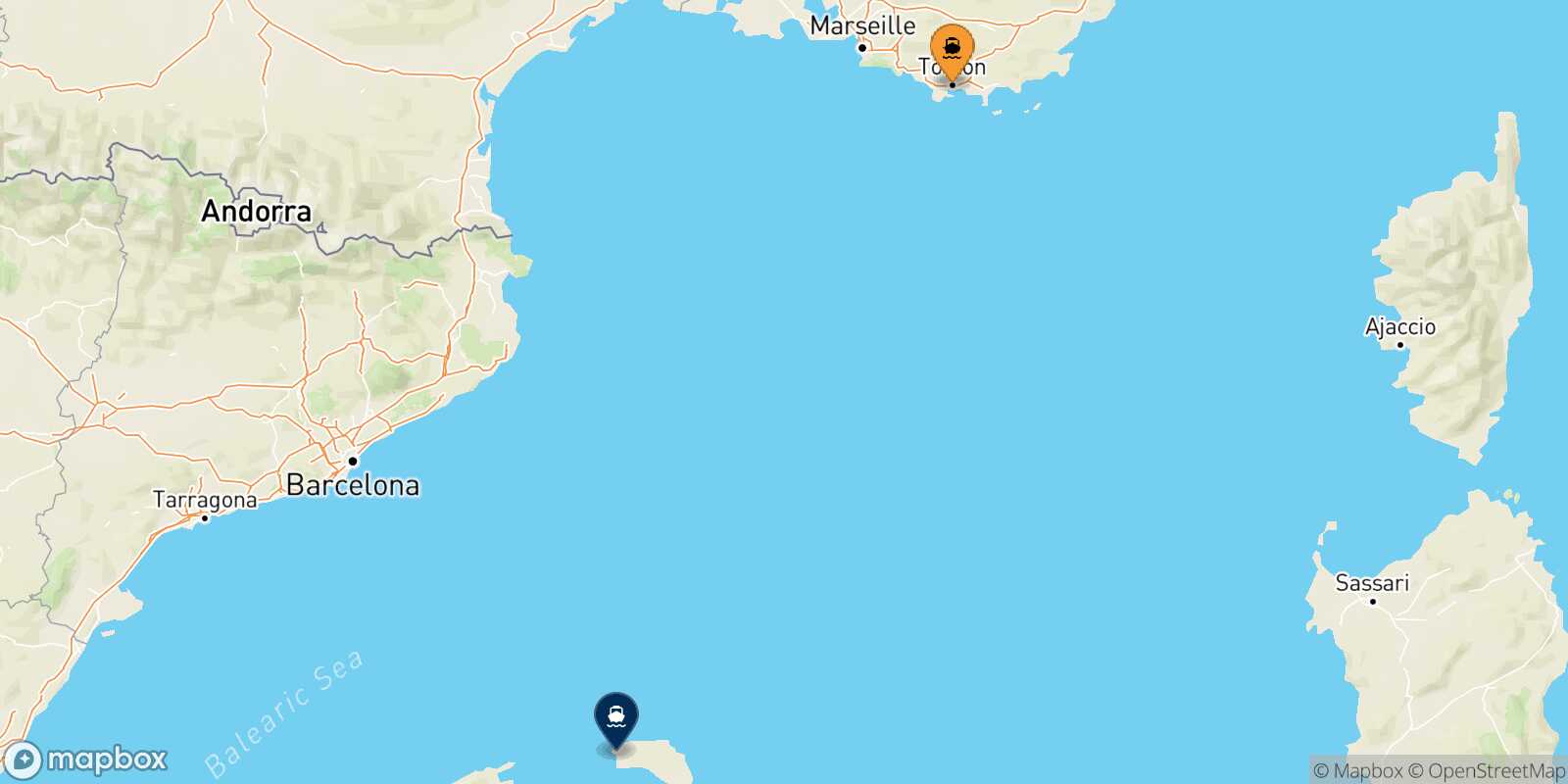 Mapa de la ruta Tolón Ciudadela (Menorca)