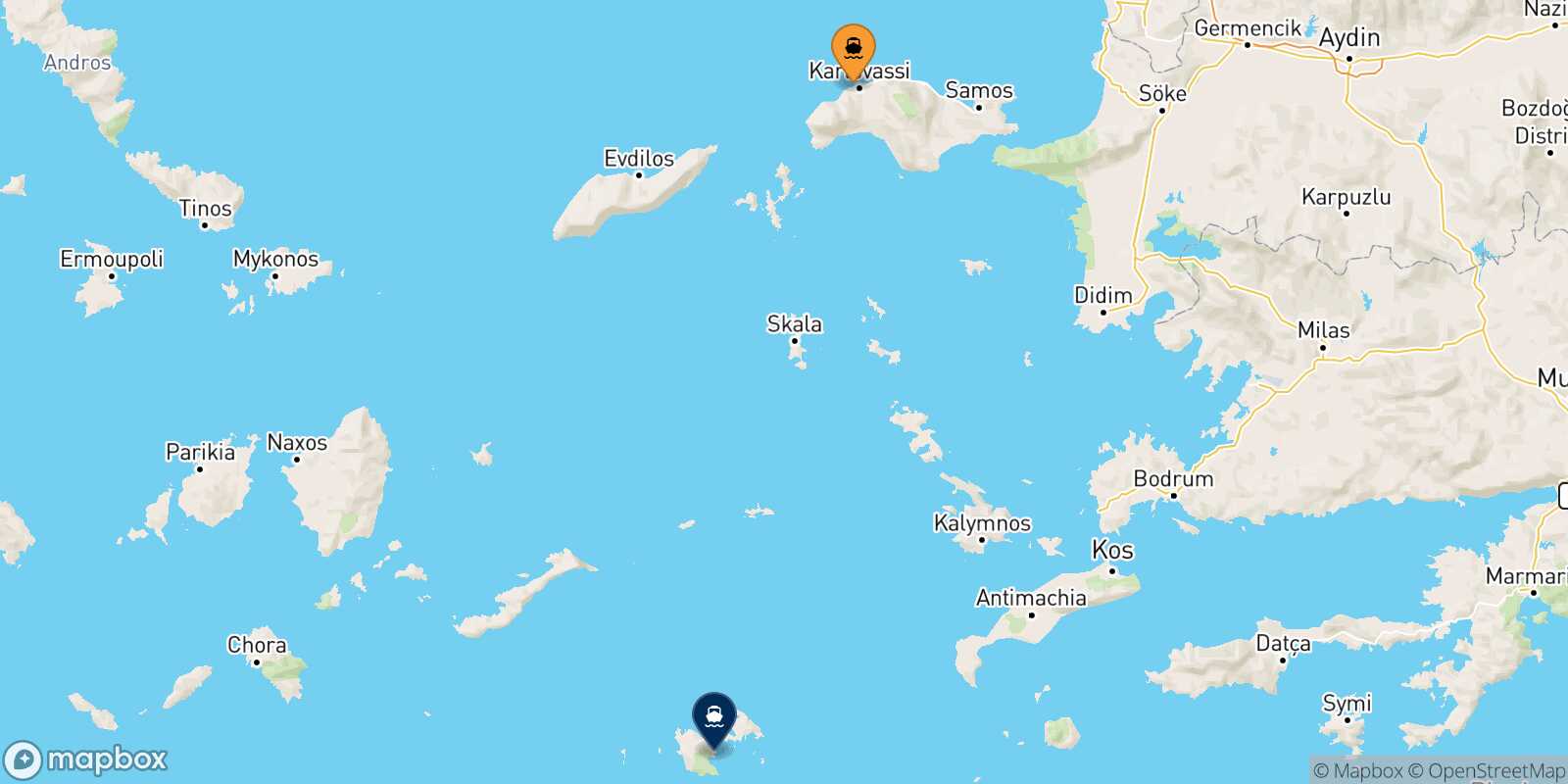 Mapa de la ruta Pythagorio (Samos) Astipalea