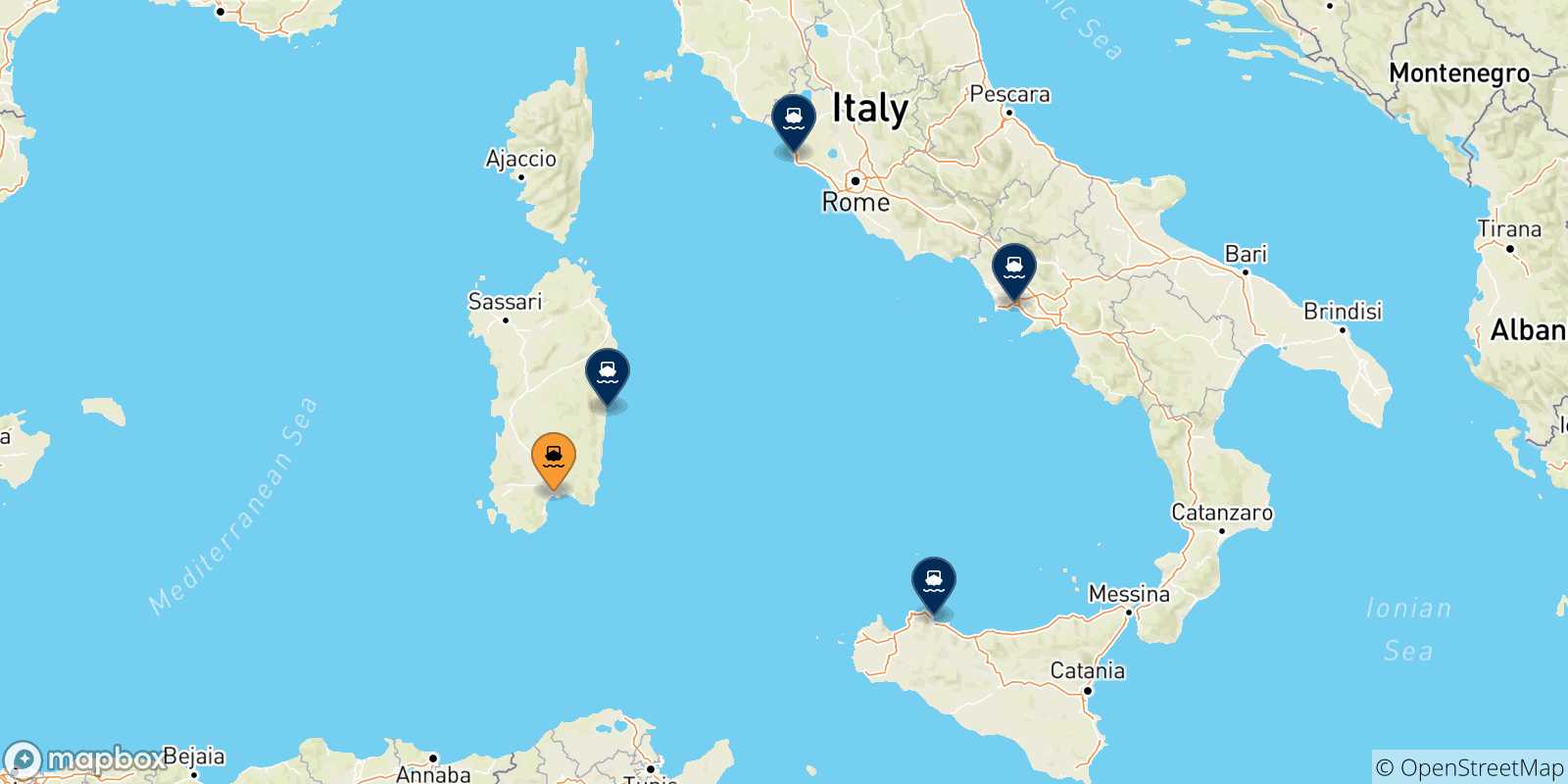 Mapa de las posibles rutas entre Cagliari y  Italia