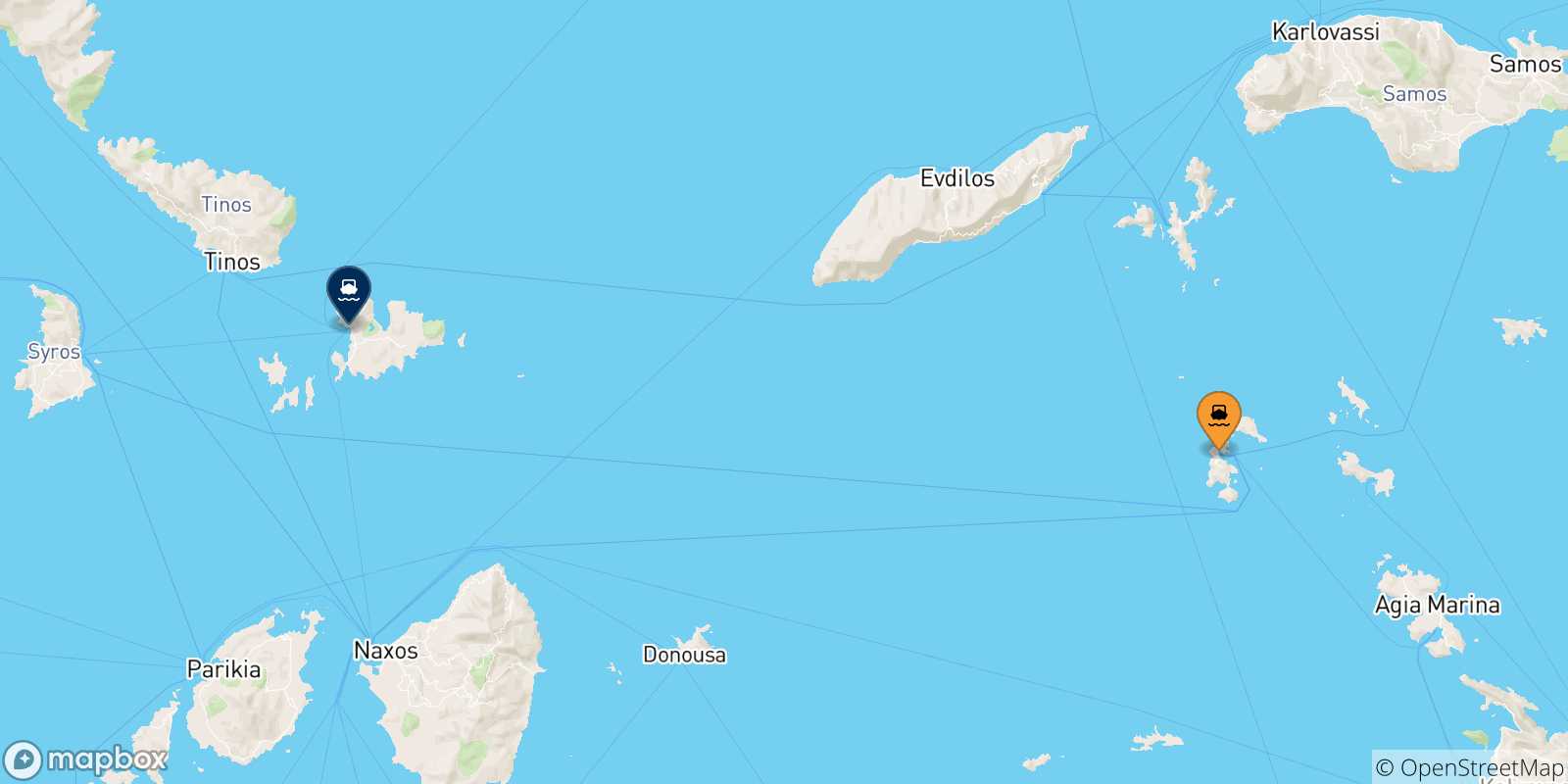 Mapa de las posibles rutas entre Dodecaneso y  Mykonos