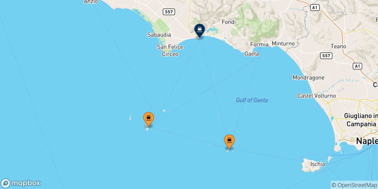 Mapa de las posibles rutas entre Islas Pontinas y  Terracina