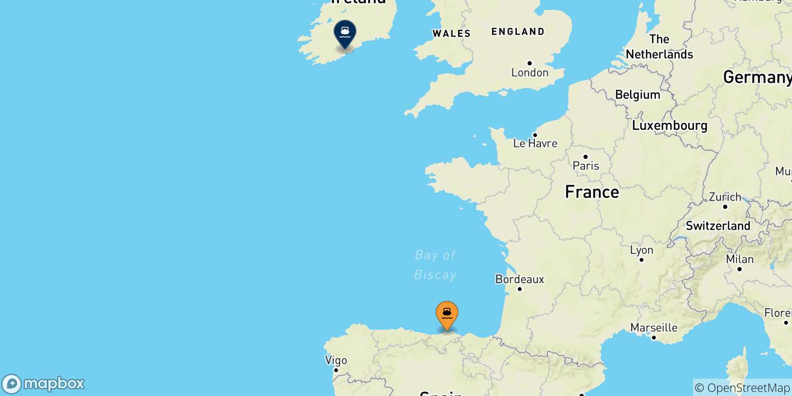 Mapa de las posibles rutas entre Santander y  Irlanda