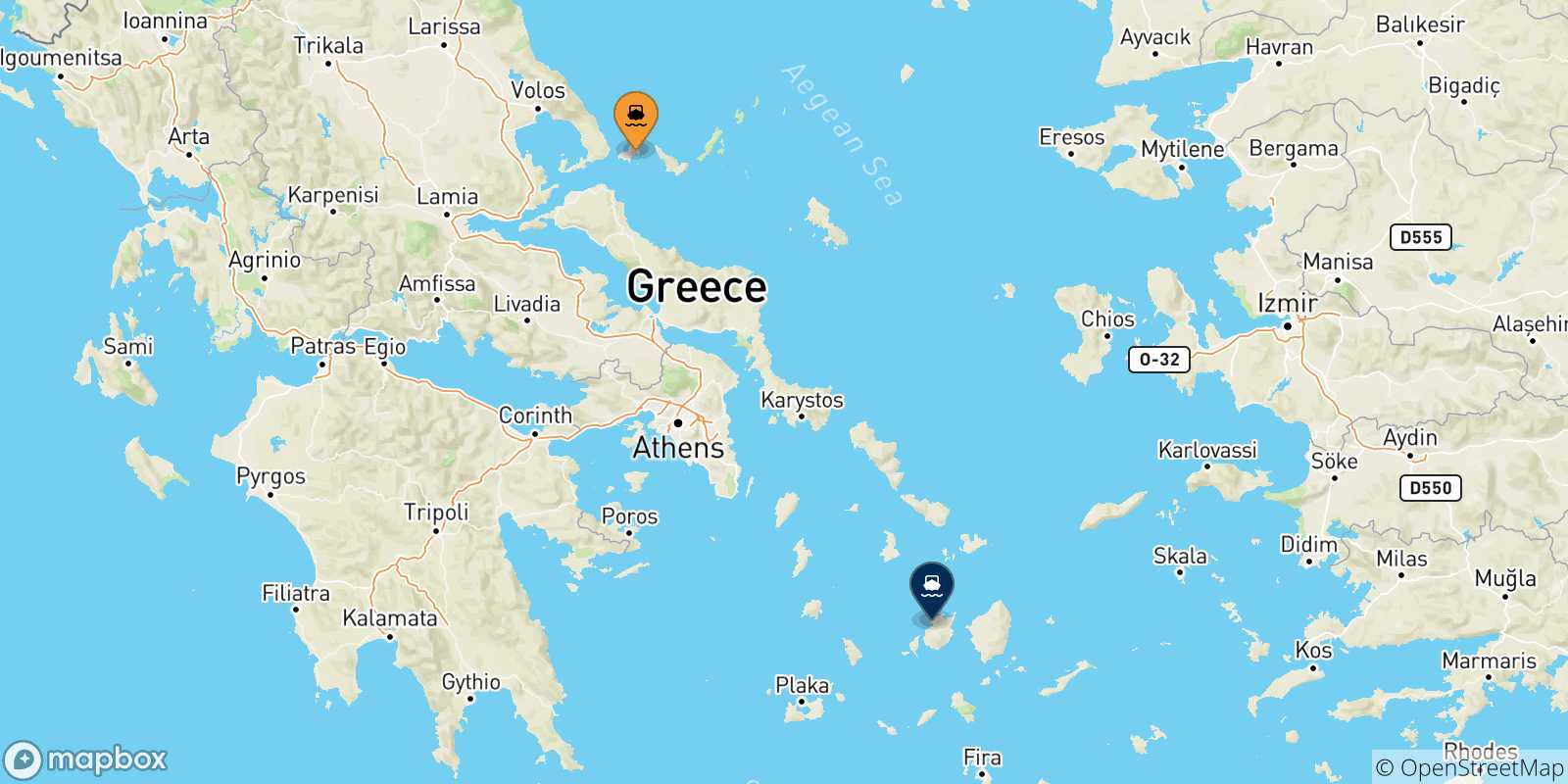 Mapa de las posibles rutas entre Islas Espóradas y  Paros