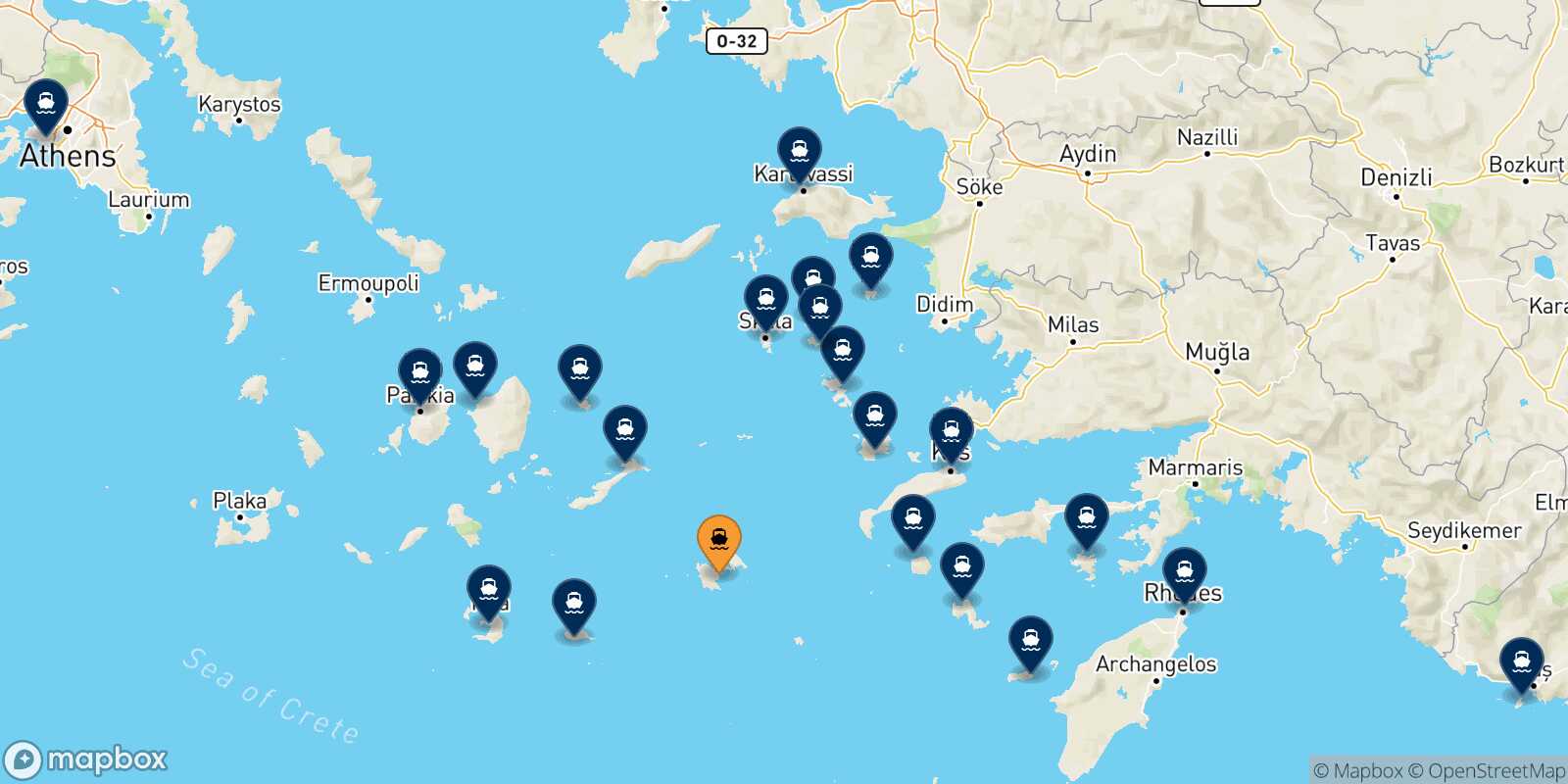 Mapa de los destinos alcanzables de Astipalea