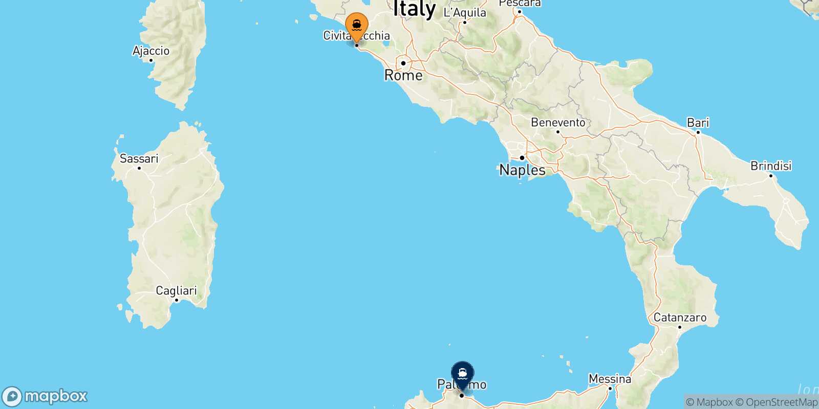 Mapa de la ruta Civitavecchia Palermo
