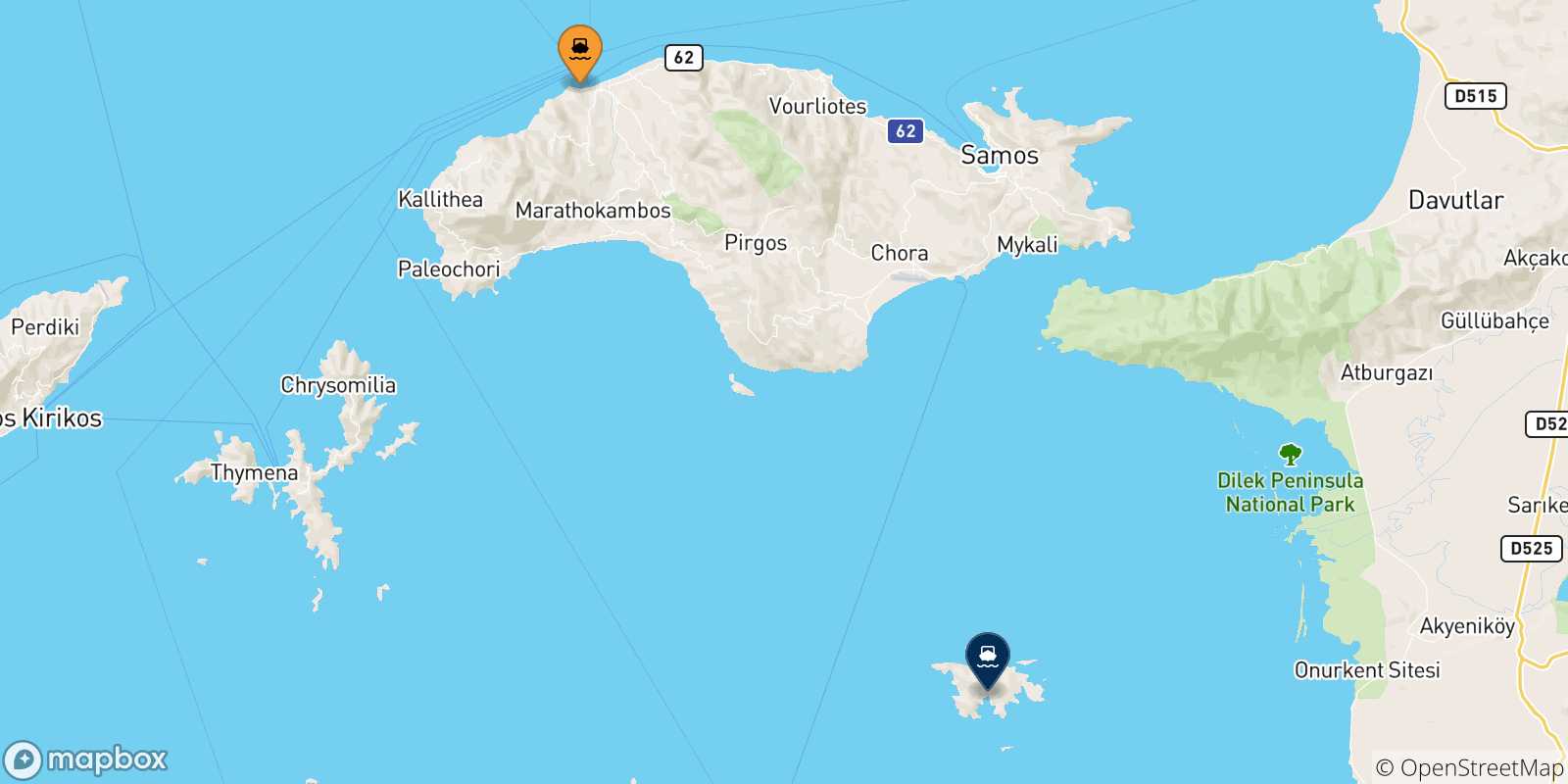 Mapa de las posibles rutas entre Islas Del Egeo y  Agathonisi