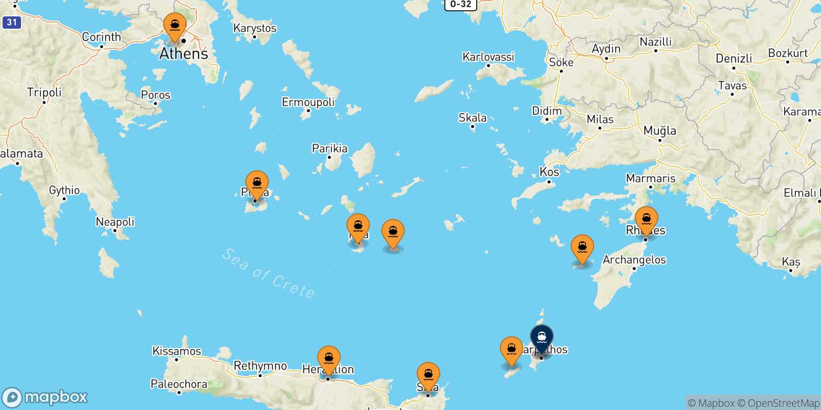 Mapa de los puertos conectados con  Diafani (Karpathos)