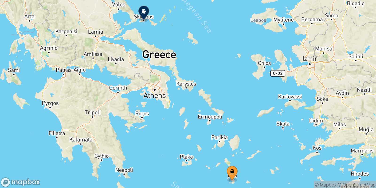 Mapa de los destinos alcanzables de Santorini