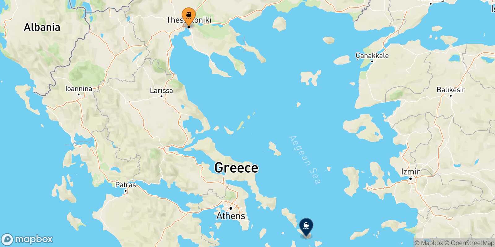 Mapa de la ruta Salónica Tinos