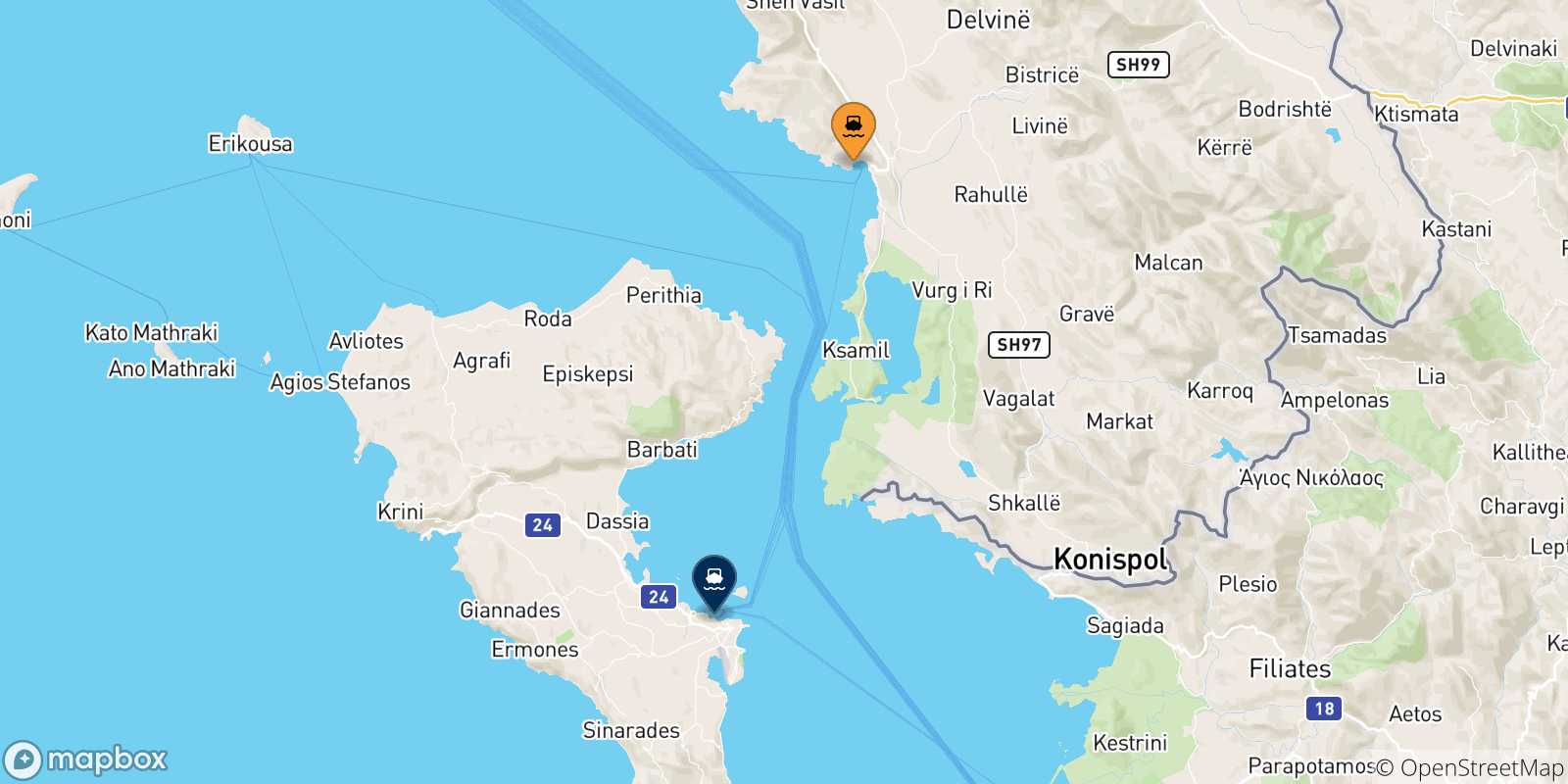 Mapa de las posibles rutas entre Albania y  Grecia